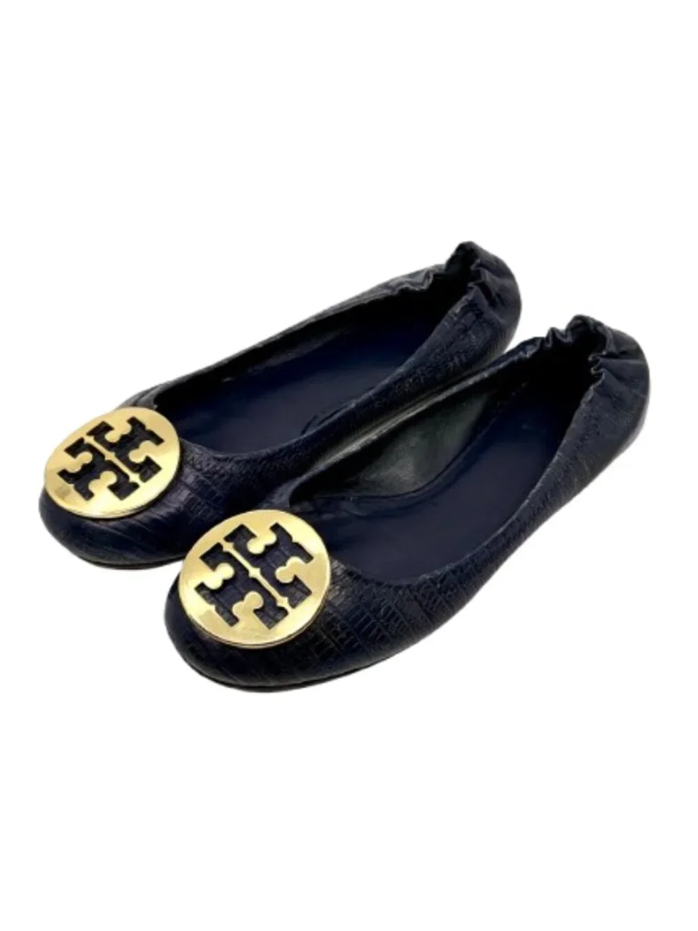 TORY BURCH~Gold Reva Logo~BALLET FLATS~NAVY BLUE EMBOSSED LEATHER SHOES~8.5M